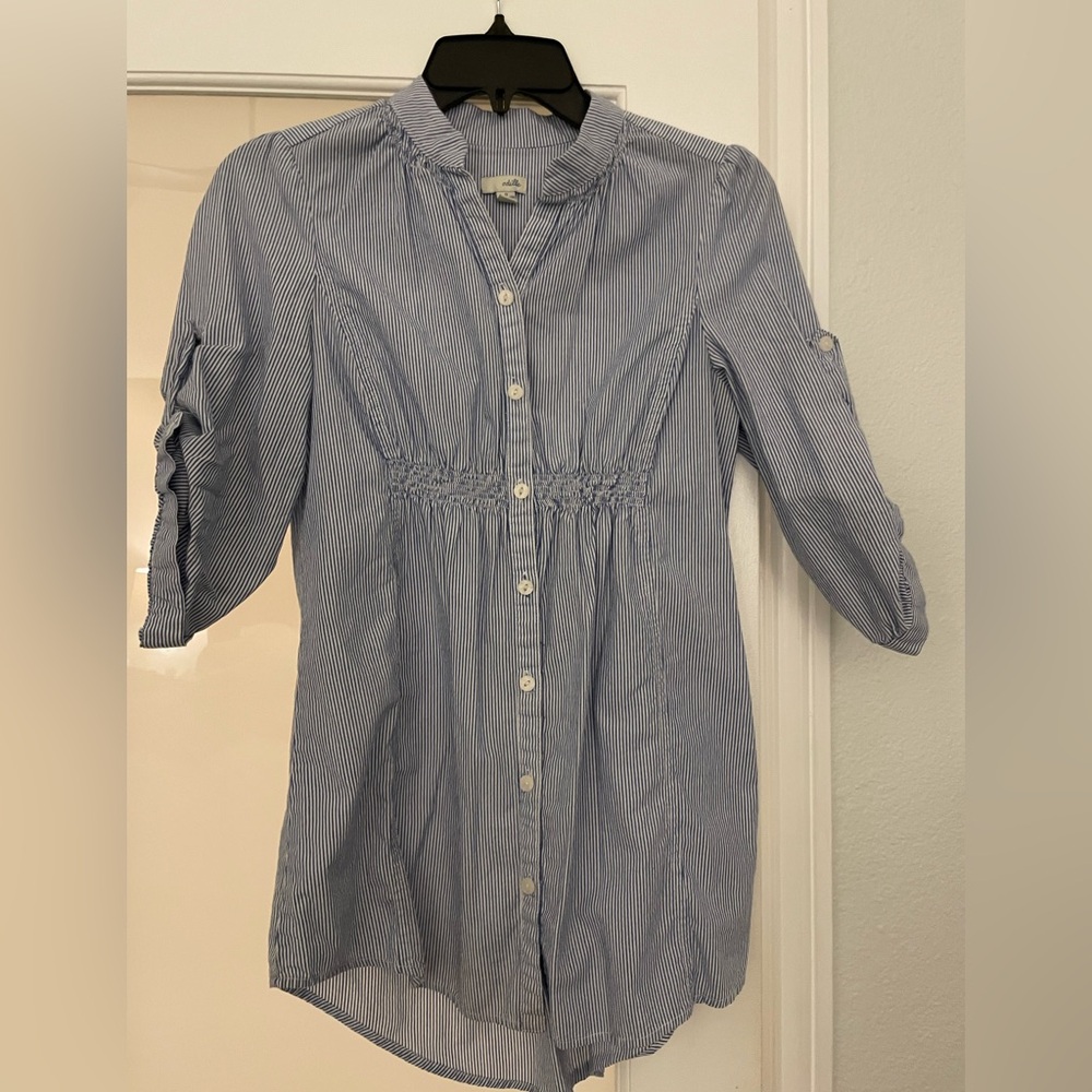 Anthropologie Odille Women's Stripe Button Up Blouse Size 0 Blue 3/4 Sleeves